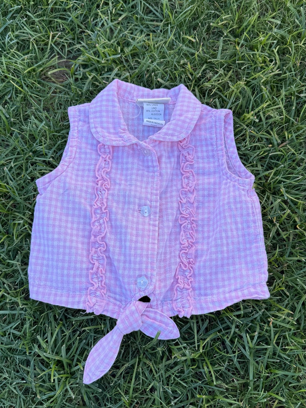 Vintage Baby Togs Pink Gingham Tie-Front Sleeveless Button Top